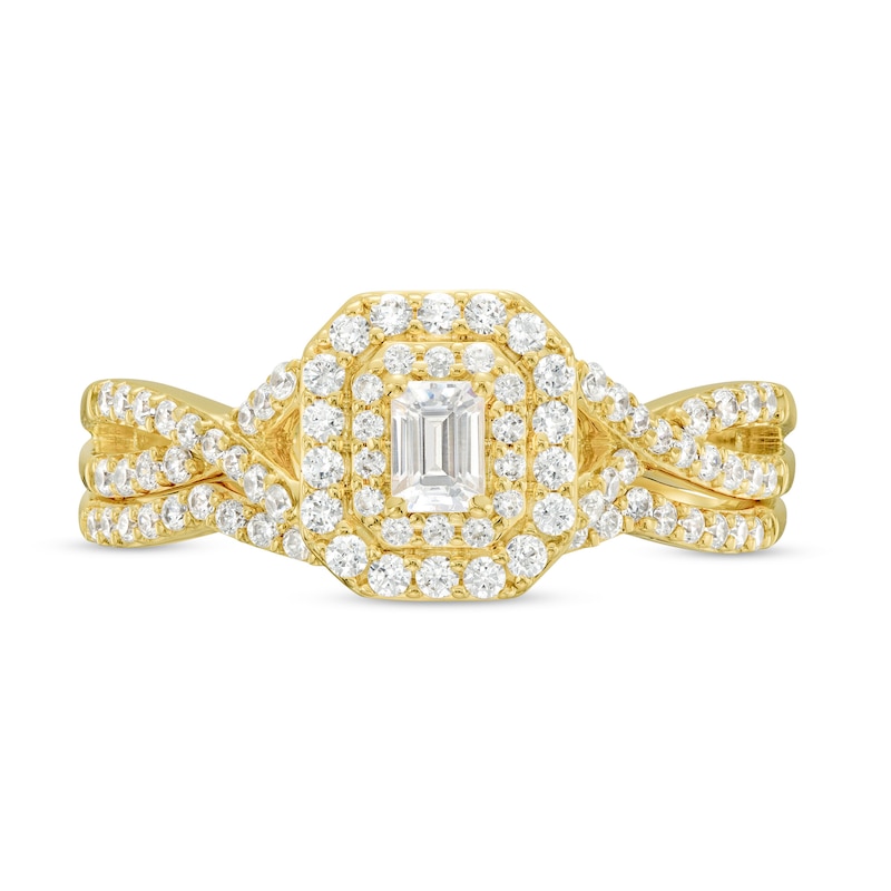 Main Image 4 of 0.58 CT. T.W. Emerald-Cut Diamond Double Frame Twist Shank Bridal Set in 10K Gold