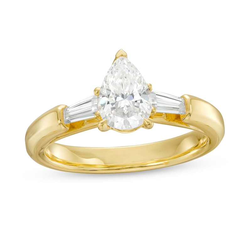1.33 CT. T.W. Certified Pear-Shaped Lab-Created Diamond Three Stone Engagement Ring in 14K Gold (F/VS2)