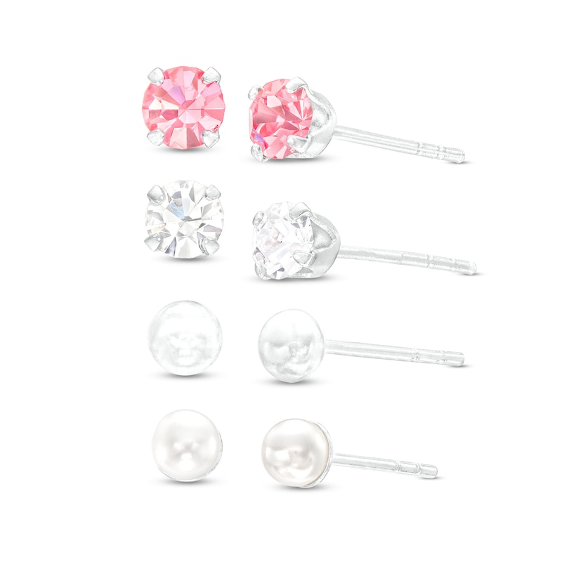 Child's 4.0mm Faux Pearl, Multi-Colour Crystal and Ball Four Pair Stud Earrings Set in Sterling Silver|Peoples Jewellers