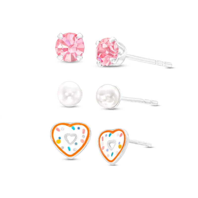 Child's 4.0mm Faux Pearl, Pink Crystal and Heart-Shaped Donut Enamel Three Pair Stud Earrings in Sterling Silver|Peoples Jewellers