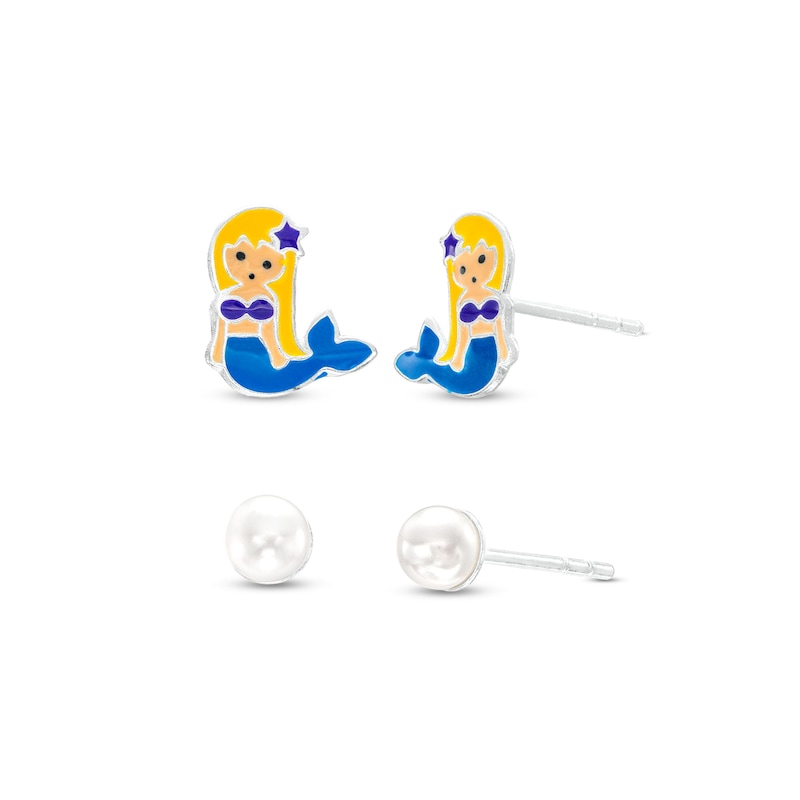 Child's 4.0mm Faux Pearl and Multi-Colour Enamel Mermaid Stud Earrings Set in Sterling Silver|Peoples Jewellers