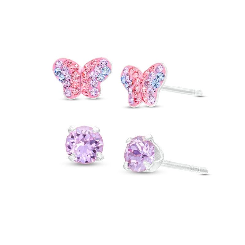 Child's Pink, Purple and Lavender Crystal Butterfly Enamel Stud Earrings Set in Sterling Silver|Peoples Jewellers