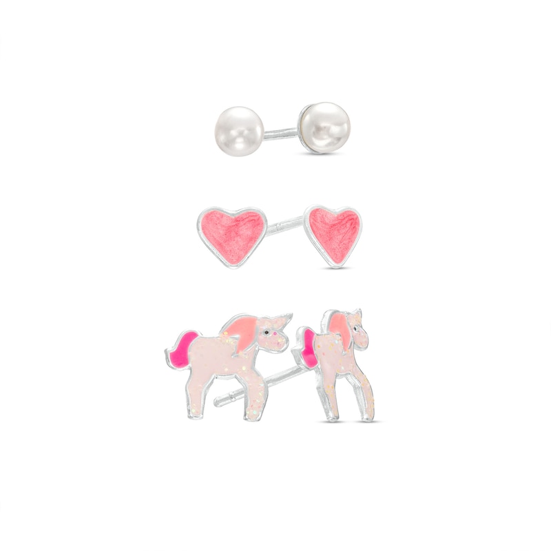 Main Image 1 of Child's 4.0mm Faux Pearl, Enamel Heart and Unicorn Three Pair Stud Earrings Set in Sterling Silver