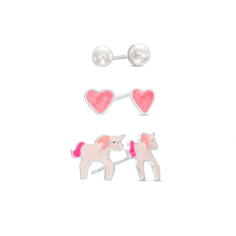 Child's 4.0mm Faux Pearl, Enamel Heart and Unicorn Three Pair Stud Earrings Set in Sterling Silver|Peoples Jewellers