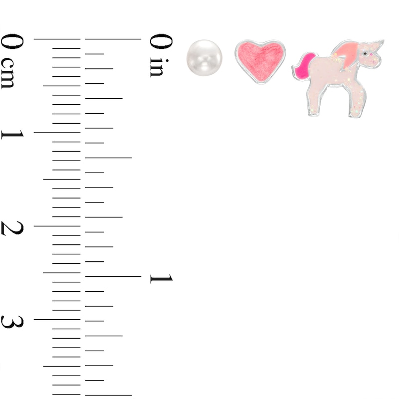 Main Image 2 of Child's 4.0mm Faux Pearl, Enamel Heart and Unicorn Three Pair Stud Earrings Set in Sterling Silver