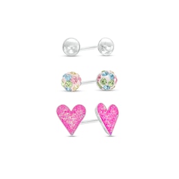 Child's 4.0mm Multi-Colour Crystal, Pink Enamel Heart and Ball Three Pair Stud Earrings Set in Sterling Silver