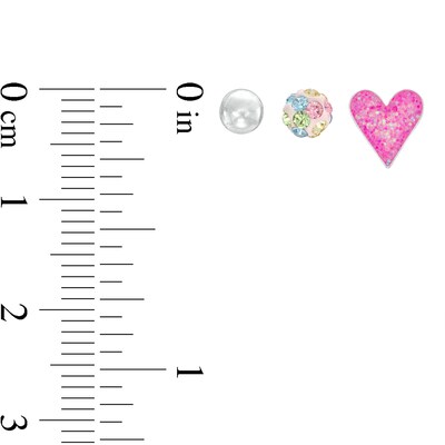 Child's 4.0mm Multi-Colour Crystal, Pink Enamel Heart and Ball Three Pair Stud Earrings Set in Sterling Silver
