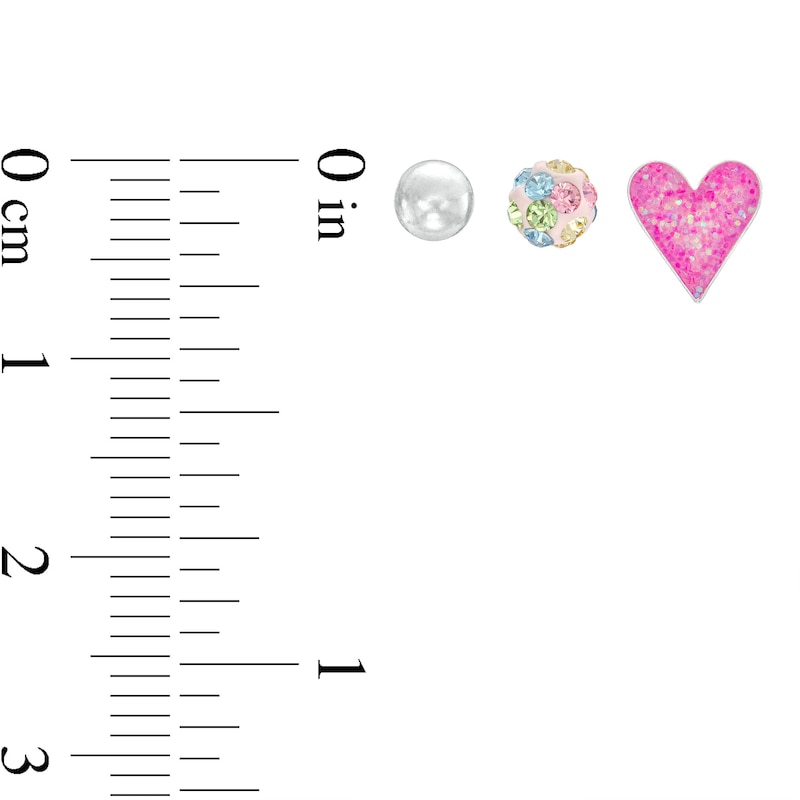 Main Image 2 of Child's 4.0mm Multi-Colour Crystal, Pink Enamel Heart and Ball Three Pair Stud Earrings Set in Sterling Silver