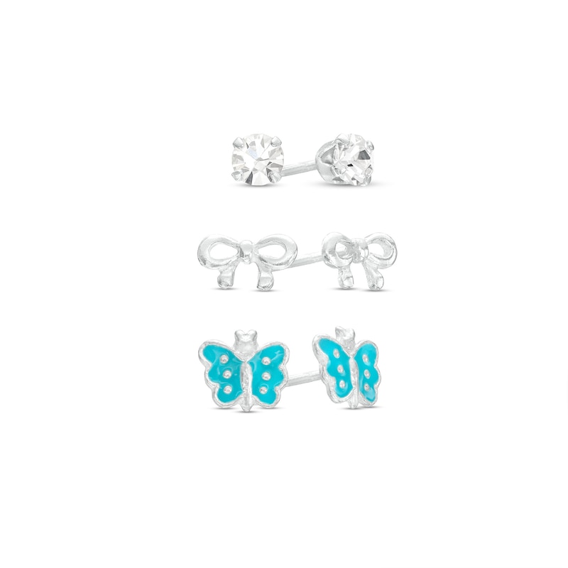 Child's 4.0mm Crystal, Bow, and Blue Enamel Butterfly Three Pair Stud Earrings Set in Sterling Silver|Peoples Jewellers