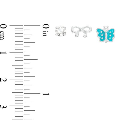 Child's 4.0mm Crystal, Bow, and Blue Enamel Butterfly Three Pair Stud Earrings Set in Sterling Silver