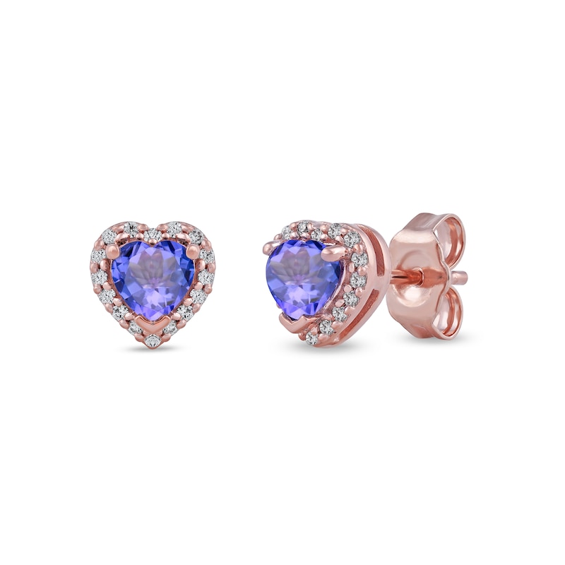 Main Image 1 of 4.0mm Heart-Shaped Tanzanite and 0.10 CT. T.W. Diamond Frame Stud Earrings in 10K Rose Gold