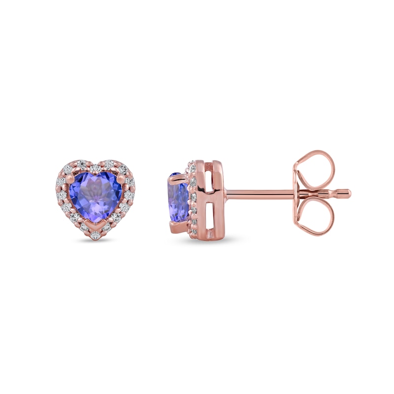 Main Image 2 of 4.0mm Heart-Shaped Tanzanite and 0.10 CT. T.W. Diamond Frame Stud Earrings in 10K Rose Gold