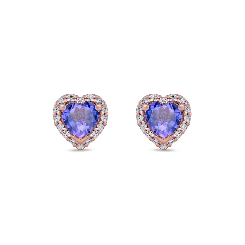 Main Image 3 of 4.0mm Heart-Shaped Tanzanite and 0.10 CT. T.W. Diamond Frame Stud Earrings in 10K Rose Gold