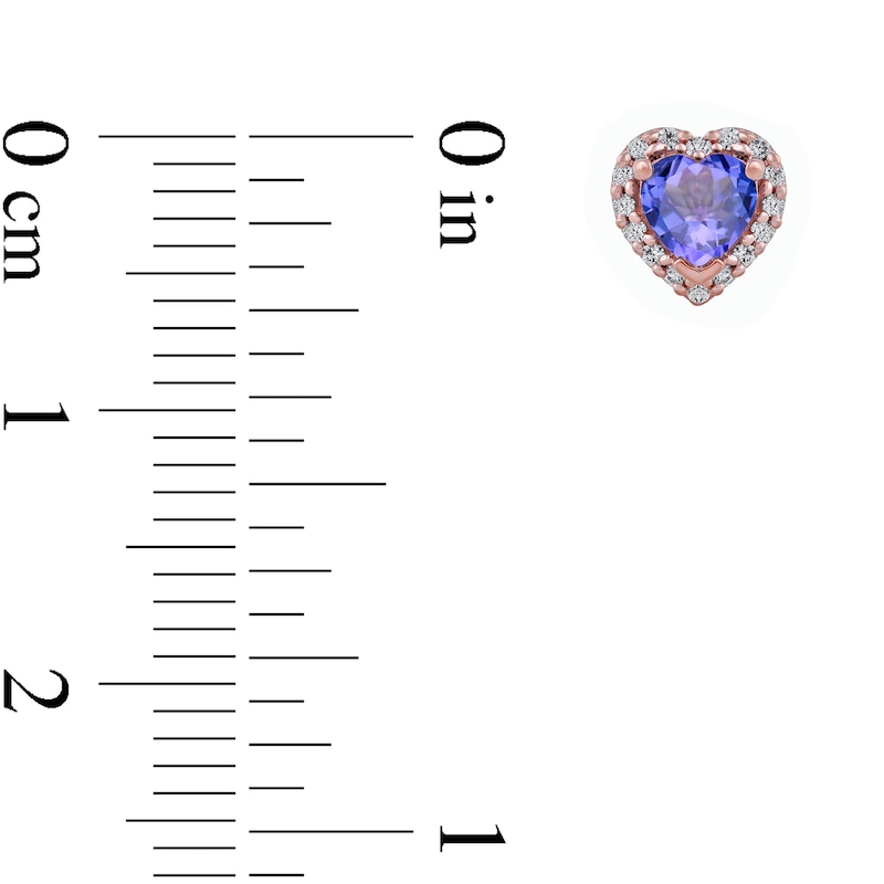 Main Image 4 of 4.0mm Heart-Shaped Tanzanite and 0.10 CT. T.W. Diamond Frame Stud Earrings in 10K Rose Gold