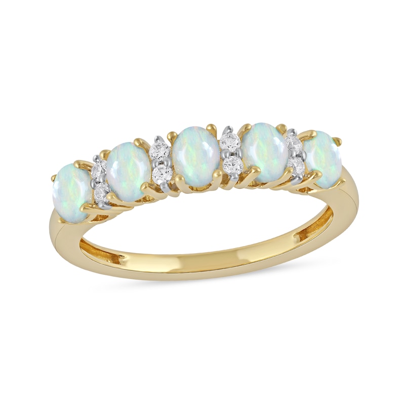 Oval Opal and 0.10 CT. T.W. Diamond Alternating Five Stone Anniversary Band in 10K Gold