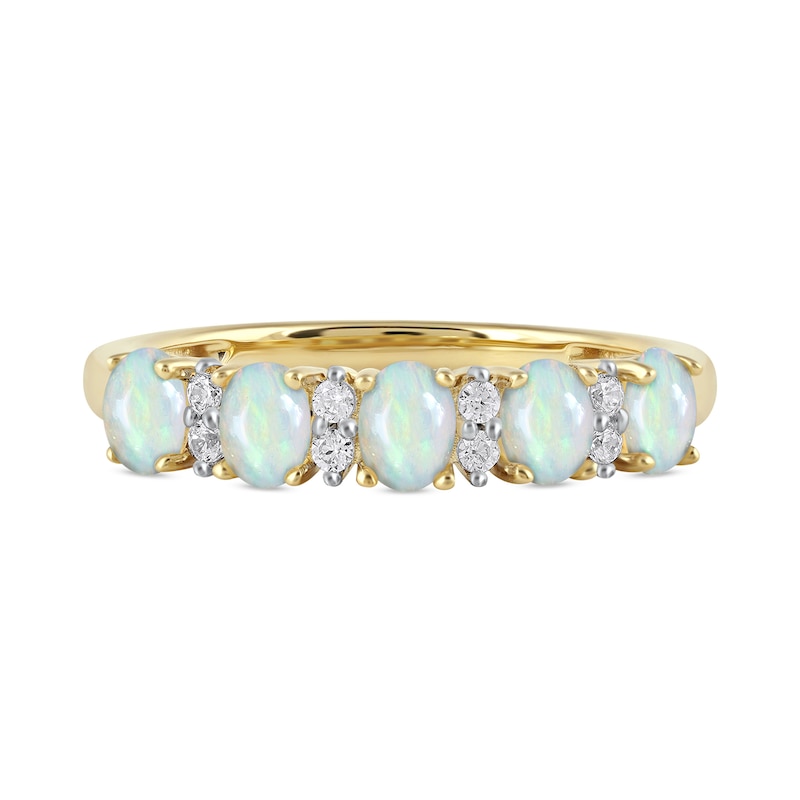 Main Image 3 of Oval Opal and 0.10 CT. T.W. Diamond Alternating Five Stone Anniversary Band in 10K Gold