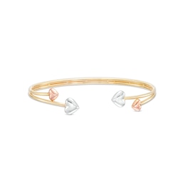Puff Heart-Ends Double Row Cuff in 10K Tri-Tone Gold