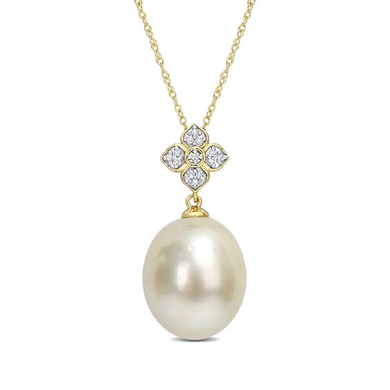 12.0-13.0mm Baroque South Sea Cultured Pearl and 0.065 CT. T.W. Diamond Flower Drop Pendant in 10K Gold-17"