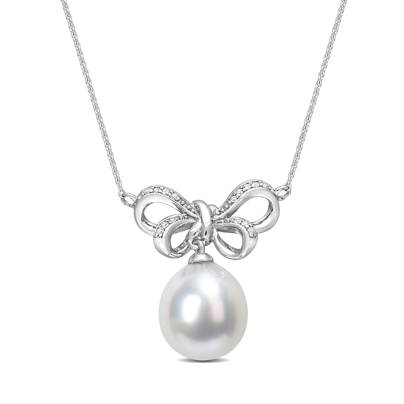 Main Image 1 of 9.5-10.0mm Baroque South Sea Cultured Pearl and 0.05 CT. T.W. Diamond Bow Necklace in 10K White Gold-17"