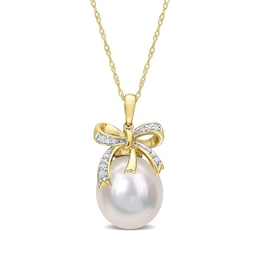 12.0-12.5mm Baroque South Sea Cultured Pearl and 0.08 CT. T.W. Diamond Bow Pendant in 10K Gold-17"