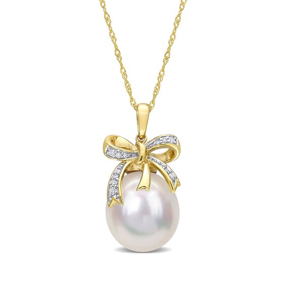 12.0-12.5mm Baroque South Sea Cultured Pearl and 0.08 CT. T.W. Diamond Bow Pendant in 10K Gold-17"