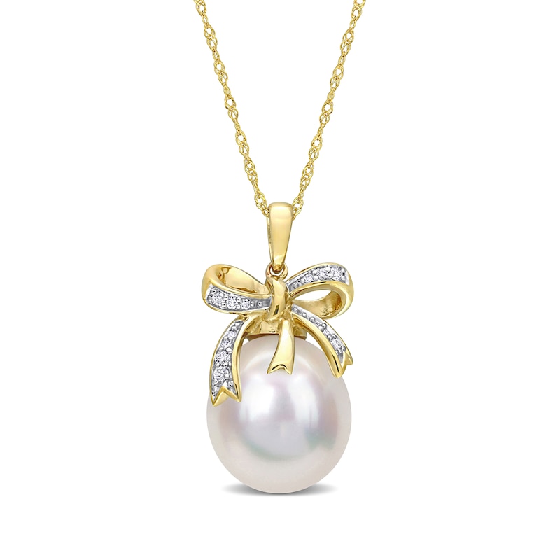 Main Image 1 of 12.0-12.5mm Baroque South Sea Cultured Pearl and 0.08 CT. T.W. Diamond Bow Pendant in 10K Gold-17"