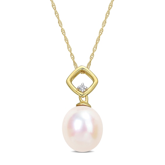 9.0-9.5mm Baroque Freshwater Cultured Pearl and Diamond Accent Square Bail Pendant in 10K Gold-17"