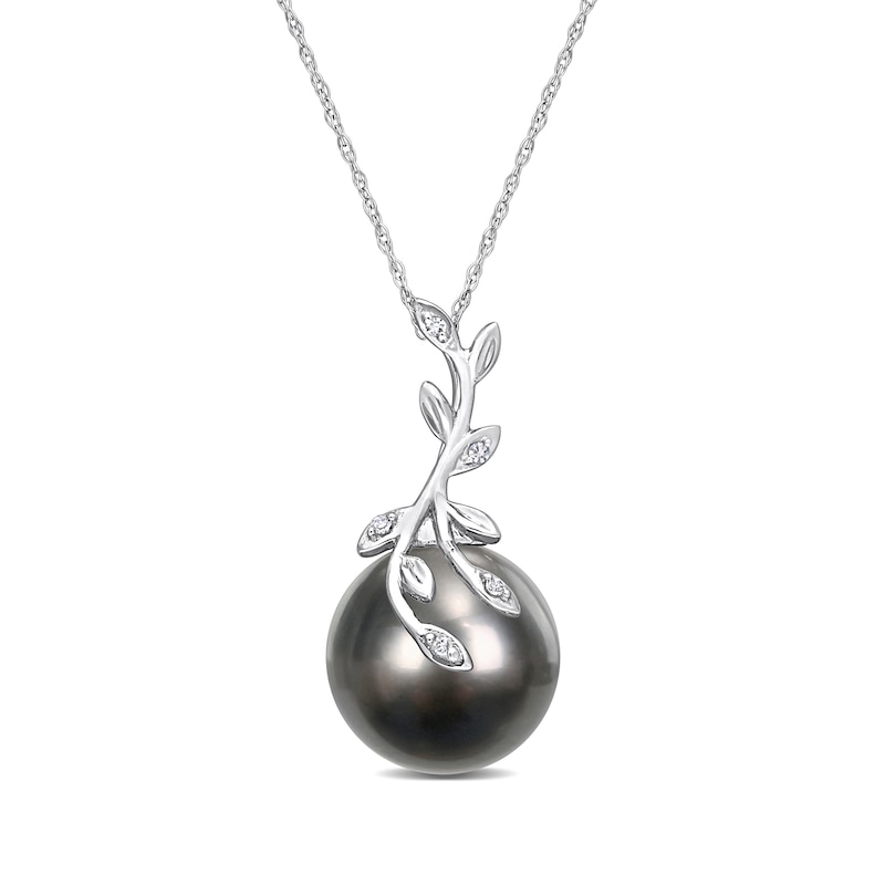 12.0-12.5mm Baroque Black Cultured Tahitian Pearl and Diamond Accent Vine Pendant in 14K White Gold - 17"