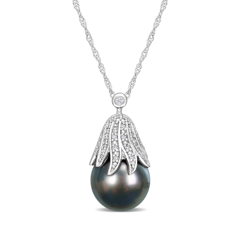 10.0-11.0mm Baroque Black Cultured Tahitian Pearl and 0.06 CT. T.W. Diamond Eggplant Pendant in 14K White Gold - 17"