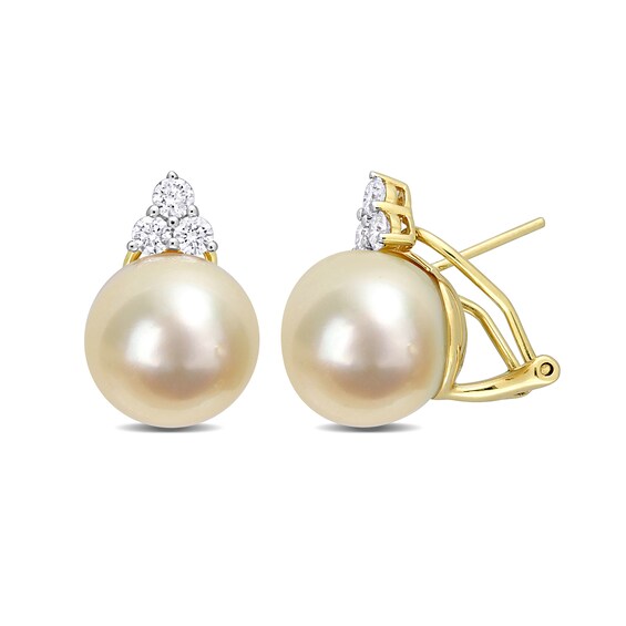 12.0-12.5mm Golden South Sea Cultured Pearl and 0.60 CT. T.W. Diamond Trio Stud Earrings in 14K Gold