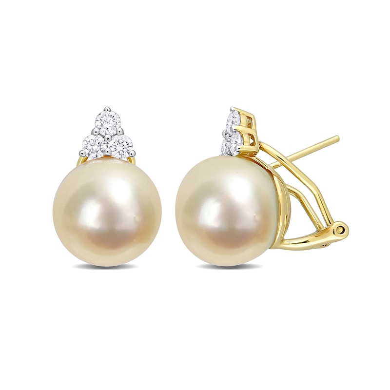 Main Image 1 of 12.0-12.5mm Golden South Sea Cultured Pearl and 0.60 CT. T.W. Diamond Trio Stud Earrings in 14K Gold