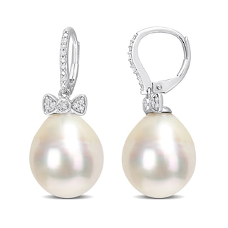 12.0-13.0mm Baroque South Sea Cultured Pearl and 0.09 CT. T.W. Diamond Bow Drop Earrings in 14K White Gold
