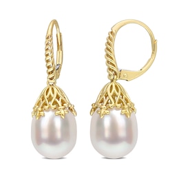 9.0-10.0mm Baroque South Sea Cultured Pearl Ribbed Fleur-de-Lis Bail Drop Earrings in 14K Gold