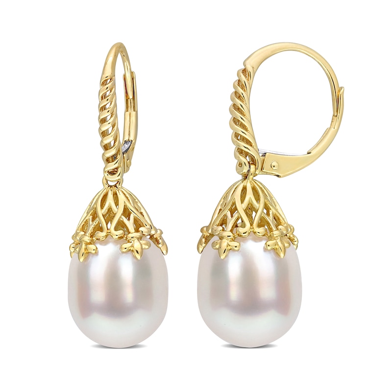 Main Image 1 of 9.0-10.0mm Baroque South Sea Cultured Pearl Ribbed Fleur-de-Lis Bail Drop Earrings in 14K Gold
