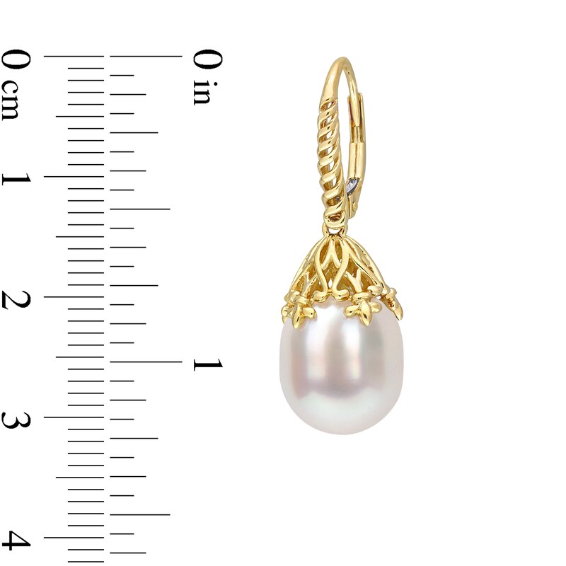 Main Image 3 of 9.0-10.0mm Baroque South Sea Cultured Pearl Ribbed Fleur-de-Lis Bail Drop Earrings in 14K Gold