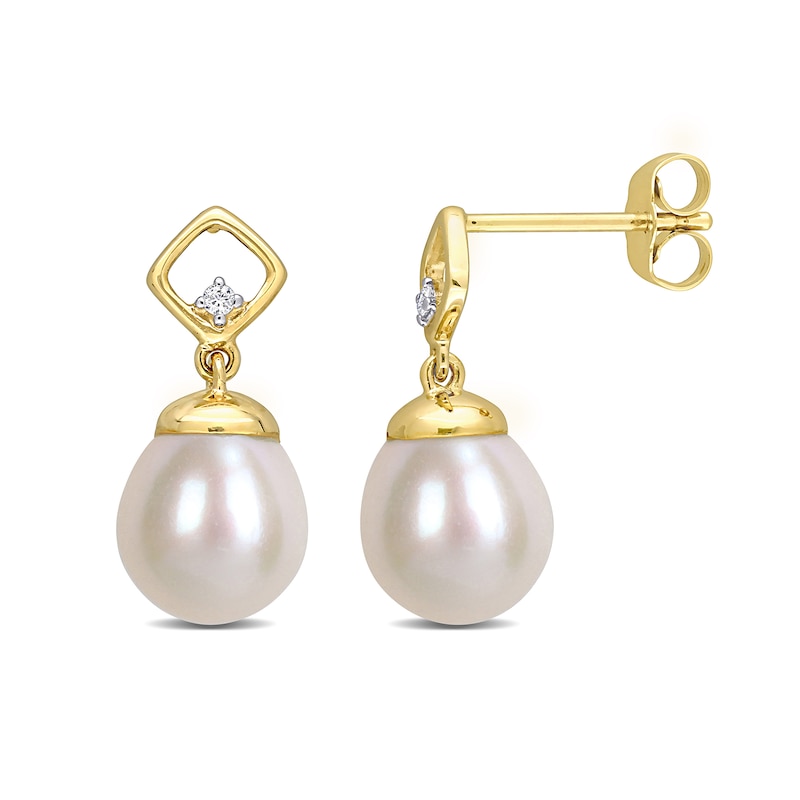 8.0-8.5mm Baroque Cultured Freshwater Pearl and Diamond Accent Square Drop Earrings in 10K Gold|Peoples Jewellers