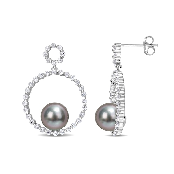 8.5-9.0mm Black Tahitian Cultured Pearl and White Sapphire Double Circle Drop Earrings in 10K White Gold
