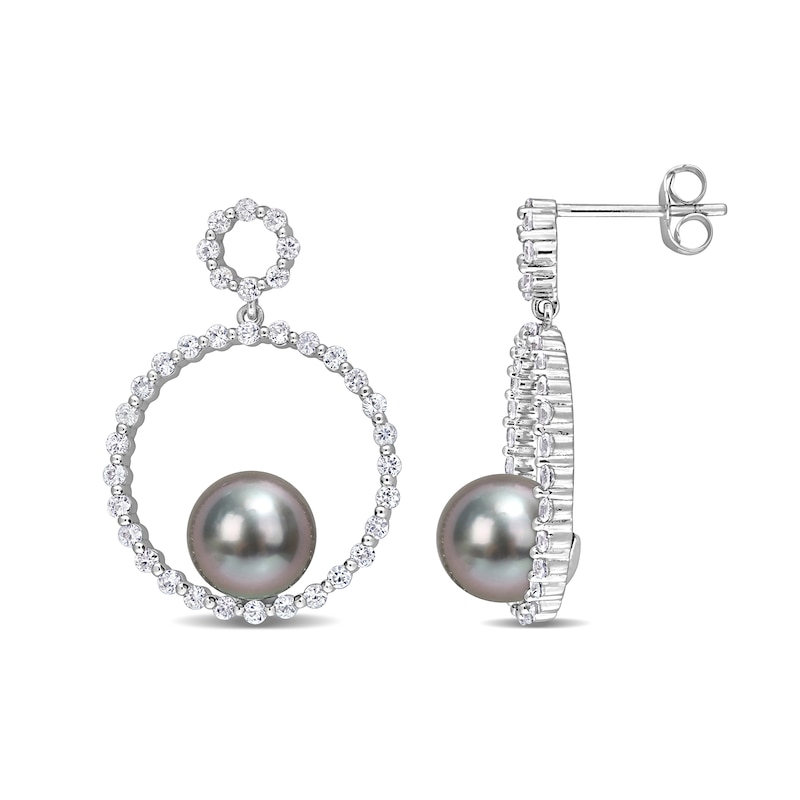 8.5-9.0mm Black Cultured Tahitian Pearl and White Sapphire Double Circle Drop Earrings in 10K White Gold|Peoples Jewellers