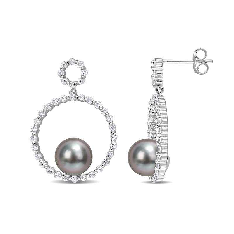 8.5-9.0mm Black Tahitian Cultured Pearl and White Sapphire Double Circle Drop Earrings in 10K White Gold