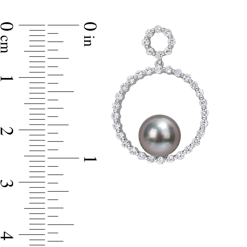 8.5-9.0mm Black Tahitian Cultured Pearl and White Sapphire Double Circle Drop Earrings in 10K White Gold