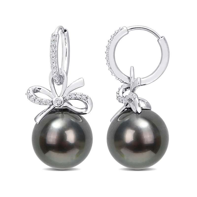 12.0-12.5mm Black Cultured Tahitian Pearl and 0.22 CT. T.W. Diamond Bow Drop Earrings in 14K White Gold|Peoples Jewellers