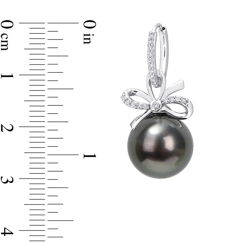 Main Image 3 of 12.0-12.5mm Black Tahitian Cultured Pearl and 0.22 CT. T.W. Diamond Bow Drop Earrings in 14K White Gold
