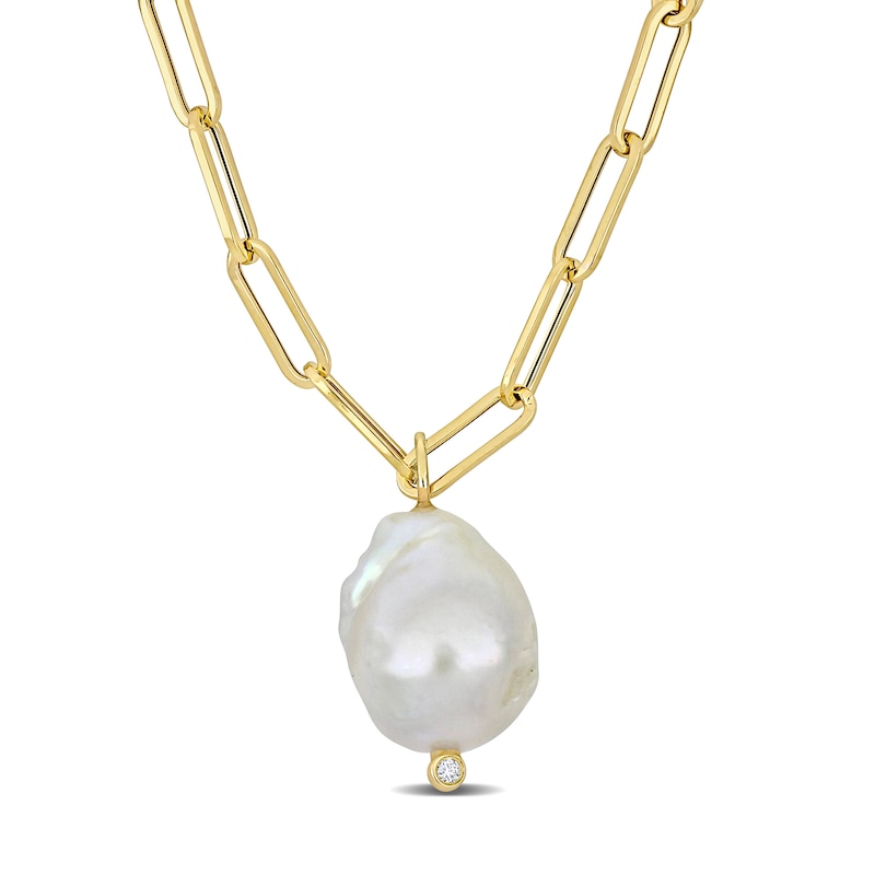 14.5-15.0mm Baroque Cultured Freshwater Pearl and Diamond Accent Paper Clip Link Drop Necklace in 14K Gold|Peoples Jewellers