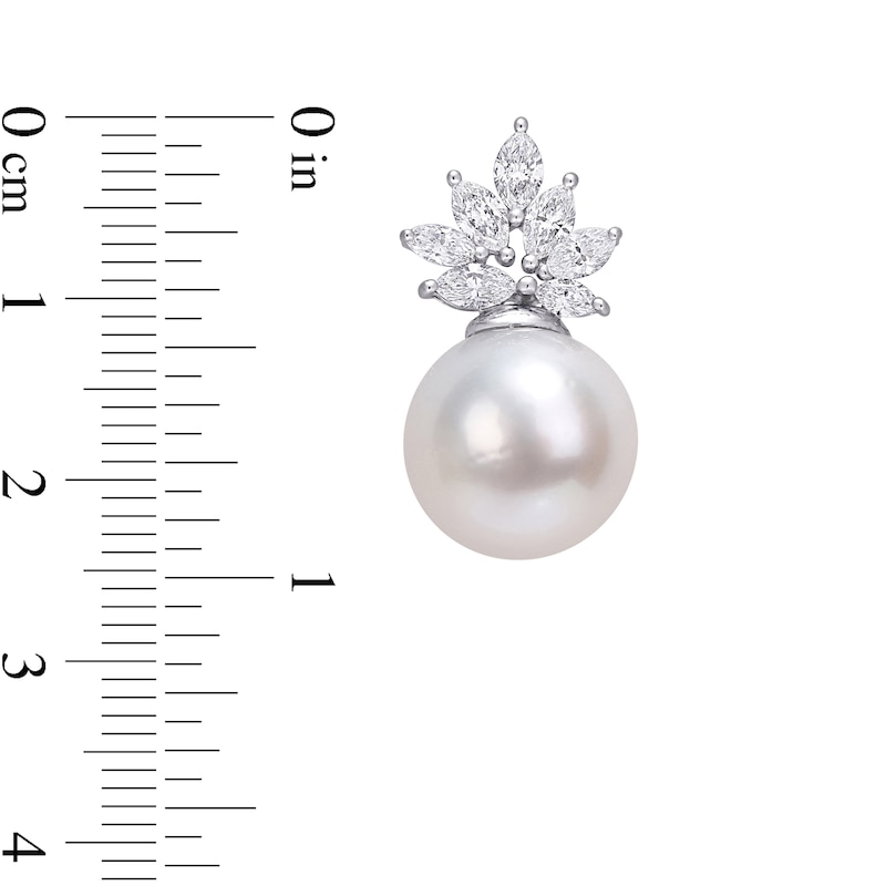 10.5-11.0mm South Sea Cultured Pearl and 1.46 CT. T.W. Marquise Diamond Flower Drop Earrings in 14K White Gold