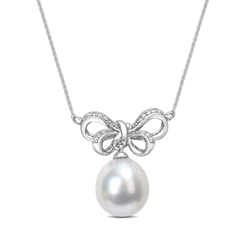 9.5-10.0mm Baroque South Sea Cultured Pearl and 0.05 CT. T.W. Diamond Bow Necklace in 10K White Gold-17"