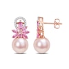 Thumbnail Image 1 of 9.0-9.5mm Pink Freshwater Cultured Pearl, Pink Sapphire, and 0.13 CT. T.W. Diamond Flower Drop Earrings in 14K Rose Gold