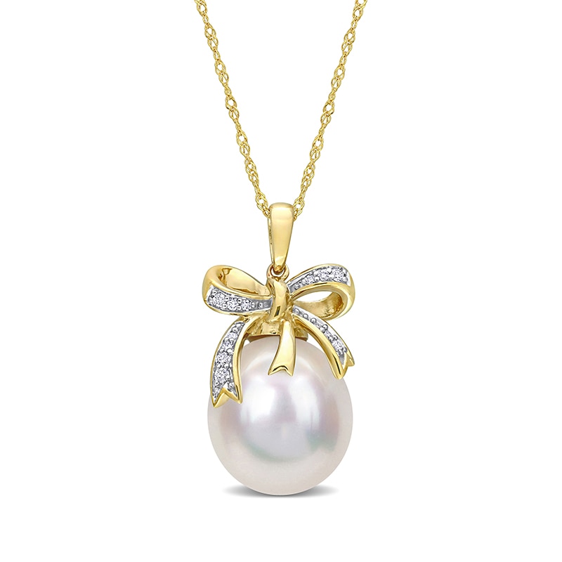 12.0-12.5mm Baroque South Sea Cultured Pearl and 0.08 CT. T.W. Diamond Bow Pendant in 10K Gold-17"