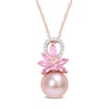 Thumbnail Image 1 of 9.5-10.0mm Pink Freshwater Cultured Pearl, Pink Sapphire, and 0.065 CT. T.W. Diamond Pendant in 14K Rose Gold-17"