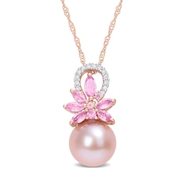 9.5-10.0mm Pink Freshwater Cultured Pearl, Pink Sapphire, and 0.065 CT. T.W. Diamond Pendant in 14K Rose Gold-17"