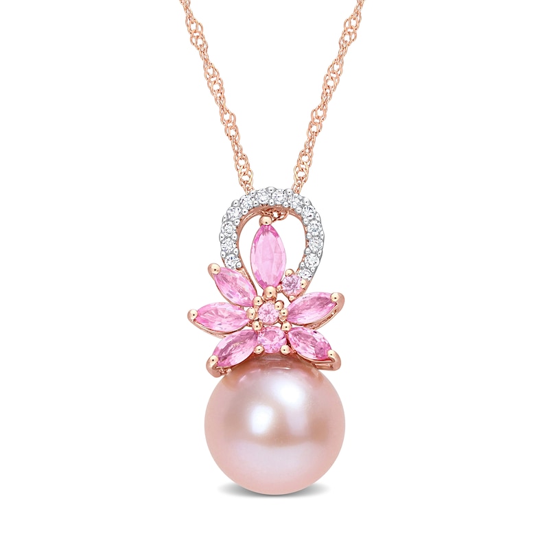 9.5-10.0mm Pink Cultured Freshwater Pearl, Pink Sapphire, and 0.065 CT. T.W. Diamond Pendant in 14K Rose Gold - 17"|Peoples Jewellers